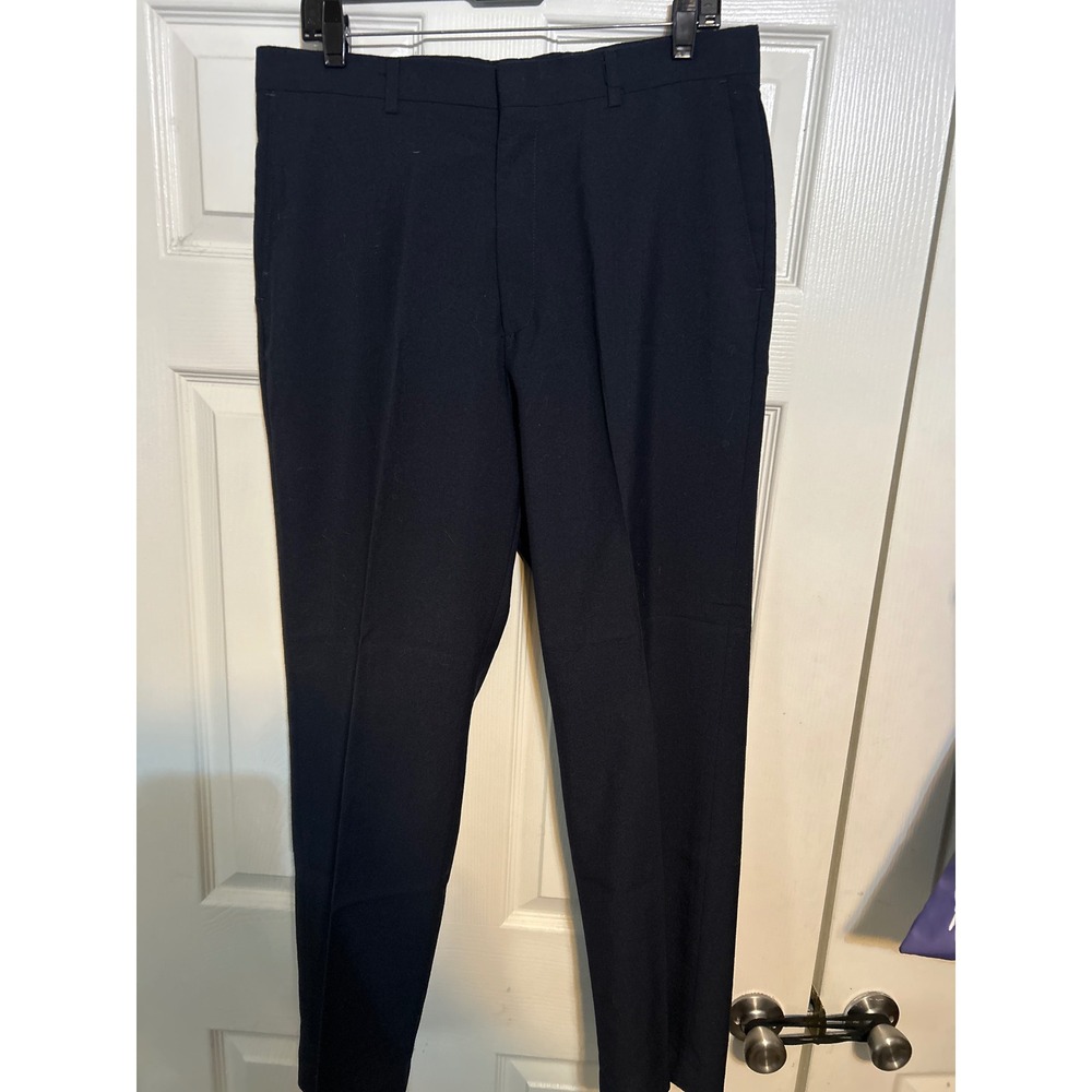 Haggar Mens‎ Navy Blue Worsted Wool Blend Flat Front Dress Pants 33x30 Trousers